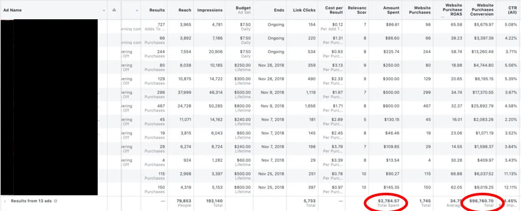 All November Facebook ad campaigns overview