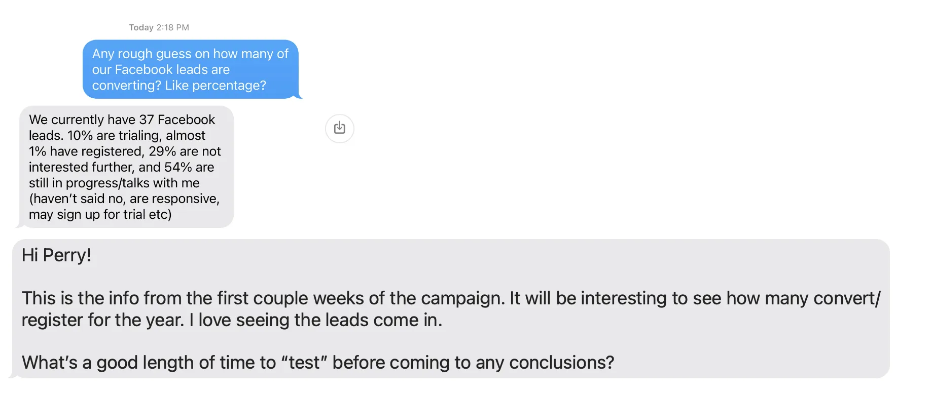 Text from business owner expressing concern about testing time