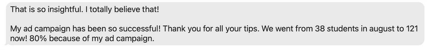 Text from business owner sharing Facebook ad results