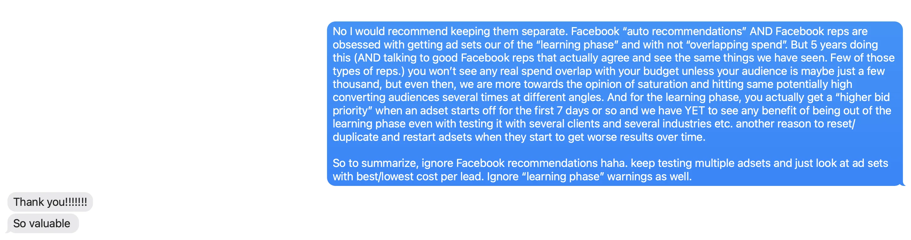 Second conversation about ad testing and campaign optimization