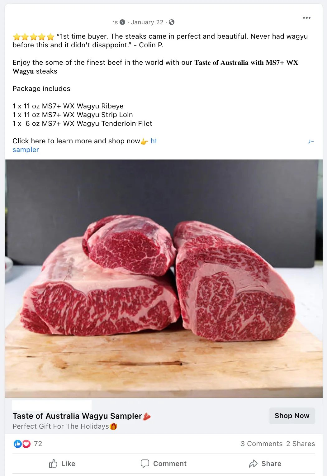 Best performing Facebook ad example 2 — ecommerce meat business
